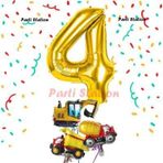 Parti Station Altın Renk Rakam Balon Küçük Boy İnşaat Balonlu 4 Yaş İnşaat Kamyon Konspet Doğum Günü Balon Set