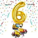 Parti Station Altın Renk Rakam Balon Küçük Boy İnşaat Balonlu 6 Yaş İnşaat Kamyon Konspet Doğum Günü Balon Set