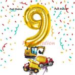 Parti Station Altın Renk Rakam Balon Küçük Boy İnşaat Balonlu 9 Yaş İnşaat Kamyon Konspet Doğum Günü Balon Set