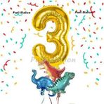 Parti Station Altın Renk Rakam Balonlu Küçük Boy Dinozor Balonlu 3 Yaş Dinozor Konsept Doğum Günü Parti Balon Set