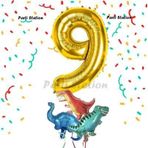 Parti Station Altın Renk Rakam Balonlu Küçük Boy Dinozor Balonlu 9 Yaş Dinozor Konsept Doğum Günü Parti Balon Set