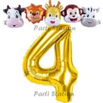 Parti Station Altın Renk Rakam Balonlu Safari 4 Yaş Doğum Günü Parti Balon Set Safari Hayvanlar Tema Parti