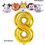 Parti Station Altın Renk Rakam Balonlu Safari 8 Yaş Doğum Günü Parti Balon Set Safari Hayvanlar Tema Parti