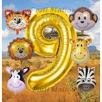 Parti Station Altın Renk Rakam Balonlu Safari 9 Yaş Doğum Günü Parti Balon Set Safari Hayvanlar Tema Parti Set
