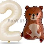Parti Station Ayıcık Balon 2 Yaş Balon Set Woodland Konsept Ayı Balon Ve Krem Renk Rakam Balon