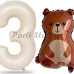 Parti Station Ayıcık Balon 3 Yaş Balon Set Woodland Konsept Ayı Balon Ve Krem Renk Rakam Balon