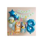 Parti Station Bluey ve Chilli Temalı 8 Yaş Folyo Balon Seti – Rakam Balonlu ve Happy Birthday Bannerlı