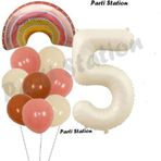 Parti Station Bohem Gökkuşağı 5 Yaş Balon Set Boho Rainbow Ve Krem Rakam Balon Konsept Doğum Günü Parti Set