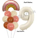 Parti Station Bohem Gökkuşağı 9 Yaş Balon Set Boho Rainbow Ve Krem Rakam Balon Konsept Doğum Günü Parti Set