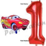 Parti Station Cars Arabalar Balon Konsept 1 Yaş Balon Şimşek Mcqueen Balon ve Kırmızı Rakam Balon Doğum Günü Set