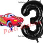 Parti Station Cars Arabalar Balon Konsept 3 Yaş Balon Şimşek Mcqueen Balon Ve Siyah Rakam Balon Doğum Günü Set