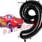Parti Station Cars Arabalar Balon Konsept 9 Yaş Balon Şimşek Mcqueen Balon Ve Siyah Rakam Balon Doğum Günü Set