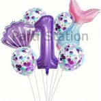 Parti Station Deniz Kızı Konsept 1 Yaş Balon Set Mor Deniz Kızı Mermaid Tema Doğum Günü Folyo Balon Set
