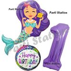 Parti Station Deniz Kızı Konsept Mermaid Deniz Kızı 1 Yaş Balon Set Ve Mor Rakam Balon Doğum Günü Parti Balon Set