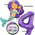Parti Station Deniz Kızı Konsept Mermaid Deniz Kızı 4 Yaş Balon Set Ve Mor Rakam Balon Doğum Günü Parti Balon Set