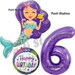 Parti Station Deniz Kızı Konsept Mermaid Deniz Kızı 6 Yaş Balon Set Ve Mor Rakam Balon Doğum Günü Parti Balon Set