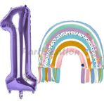 Parti Station Gökkuşağı 1 Yaş Balon Set Mermaid Rainbow Konsept Balon Ve Mor Rakam Balon