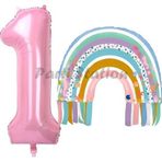 Parti Station Gökkuşağı 1 Yaş Balon Set Mermaid Rainbow Konsept Balon Ve Pembe Rakam Balon
