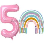 Parti Station Gökkuşağı 5 Yaş Balon Set Mermaid Rainbow Konsept Balon Ve Pembe Rakam Balon
