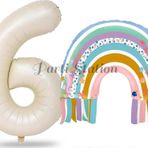 Parti Station Gökkuşağı 6 Yaş Balon Set Mermaid Rainbow Konsept Balon Ve Krem Rakam Balon