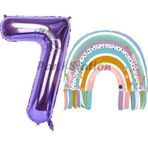 Parti Station Gökkuşağı 7 Yaş Balon Set Mermaid Rainbow Konsept Balon Ve Mor Rakam Balon