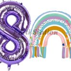 Parti Station Gökkuşağı 8 Yaş Balon Set Mermaid Rainbow Konsept Balon Ve Mor Rakam Balon