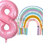 Parti Station Gökkuşağı 8 Yaş Balon Set Mermaid Rainbow Konsept Balon Ve Pembe Rakam Balon