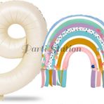 Parti Station Gökkuşağı 9 Yaş Balon Set Mermaid Rainbow Konsept Balon Ve Krem Rakam Balon