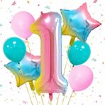 Parti Station Gökkuşağı Rengarenk 1 Yaş Balon Set Yıldız Balon Folyo Set Konsept Doğum Günü Set Yaş Balon Set
