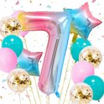 Parti Station Gökkuşağı Rengarenk 7 Yaş Balon Set Yıldız Balon Folyo Set Konsept Doğum Günü Set Yaş Balon Set