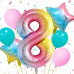 Parti Station Gökkuşağı Rengarenk 8 Yaş Balon Set Yıldız Balon Folyo Set Konsept Doğum Günü Set Yaş Balon Set