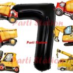 Parti Station İnşaat Araçları Konsept Doğum Günü 7 Yaş Balon Set Mini Boy Kepçe Dozer Mikser Kamyon Forklift Balon