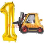 Parti Station İnşaat Forklift Kamyonu Balon 1 Yaş Doğum Günü Balon Set İş Makinaları Konsept Ve Gold Rakam Balon
