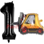 Parti Station İnşaat Forklift Kamyonu Balon 1 Yaş Doğum Günü Balon Set İş Makinaları Konsept Ve Siyah Rakam Balon