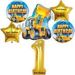 Parti Station İnşaat Konsept 1 Yaş Doğum Günü Balon Set Kamyon Kepçe Balon Ve Gold Rakam Balon Parti Set