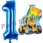 Parti Station İnşaat Konsept 1 Yaş Doğum Günü Balon Set Kamyon Kepçe Balon Ve Lacivert Rakam Balon Parti Set
