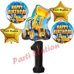 Parti Station İnşaat Konsept 1 Yaş Doğum Günü Balon Set Kamyon Kepçe Balon Ve Siyah Rakam Balon Parti Set