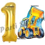 Parti Station İnşaat Konsept 1 Yaş Doğum Günü Balon Set Kepçe Balon Ve Gold Rakam Balon Parti Set