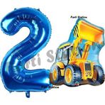 Parti Station İnşaat Konsept 2 Yaş Doğum Günü Balon Set Kamyon Kepçe Balon ve Lacivert Rakam Balon Parti Set
