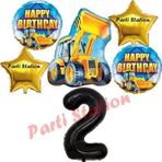 Parti Station İnşaat Konsept 2 Yaş Doğum Günü Balon Set Kamyon Kepçe Balon Ve Siyah Rakam Balon Parti Set
