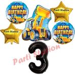 Parti Station İnşaat Konsept 3 Yaş Doğum Günü Balon Set Kamyon Kepçe Balon Ve Siyah Rakam Balon Parti Set