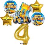 Parti Station İnşaat Konsept 4 Yaş Doğum Günü Balon Set Kamyon Kepçe Balon Ve Gold Rakam Balon Parti Set