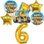 Parti Station İnşaat Konsept 6 Yaş Doğum Günü Balon Set Kamyon Kepçe Balon Ve Gold Rakam Balon Parti Set