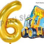 Parti Station İnşaat Konsept 6 Yaş Doğum Günü Balon Set Kepçe Balon Ve Gold Rakam Balon Parti Set