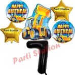 Parti Station İnşaat Konsept 7 Yaş Doğum Günü Balon Set Kamyon Kepçe Balon Ve Siyah Rakam Balon Parti Set