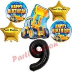 Parti Station İnşaat Konsept 9 Yaş Doğum Günü Balon Set Kamyon Kepçe Balon Ve Siyah Rakam Balon Parti Set