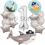 Parti Station Korsan Tema Köpek Balığı Konsept 1 Yaş Balon Set Korsan Shark Tema Doğum Günü Folyo Balon Set