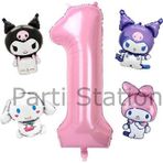 Parti Station Kuromi 1 Yaş Mini Pembe Balon Set Kuromi Mymelody Cinnamonroll Konsept Doğum Günü Balon Set