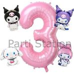 Parti Station Kuromi 3 Yaş Mini Pembe Balon Set Kuromi Mymelody Cinnamonroll Konsept Doğum Günü Balon Set