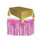 Parti Station Masa Örtüsü Masa Eteği Plastik Altın Gold Renk Masa Örtüsü Pembe Renk Metalize Sarkıt Masa Eteği Set